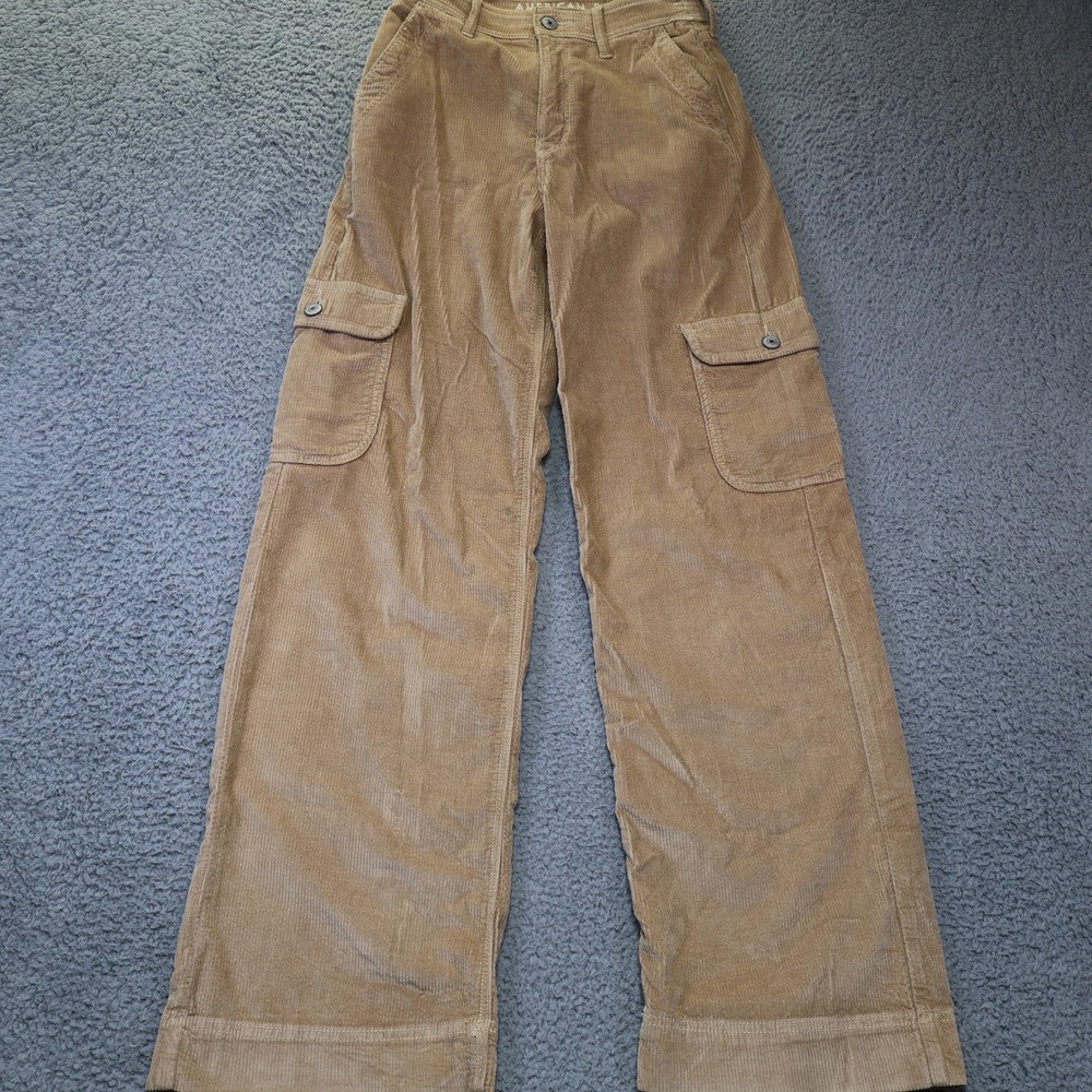 American Eagle Corduroy Cargo Pants Tan Khaki Wide Leg Stretch Womens 00 Regular